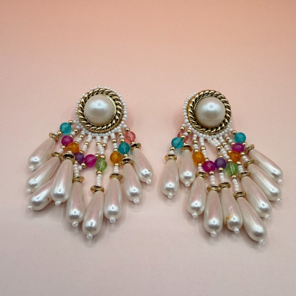 Faux Pearl Teardrop Chandelier Earrings Multicolor Beaded Gold Tone Statement XL